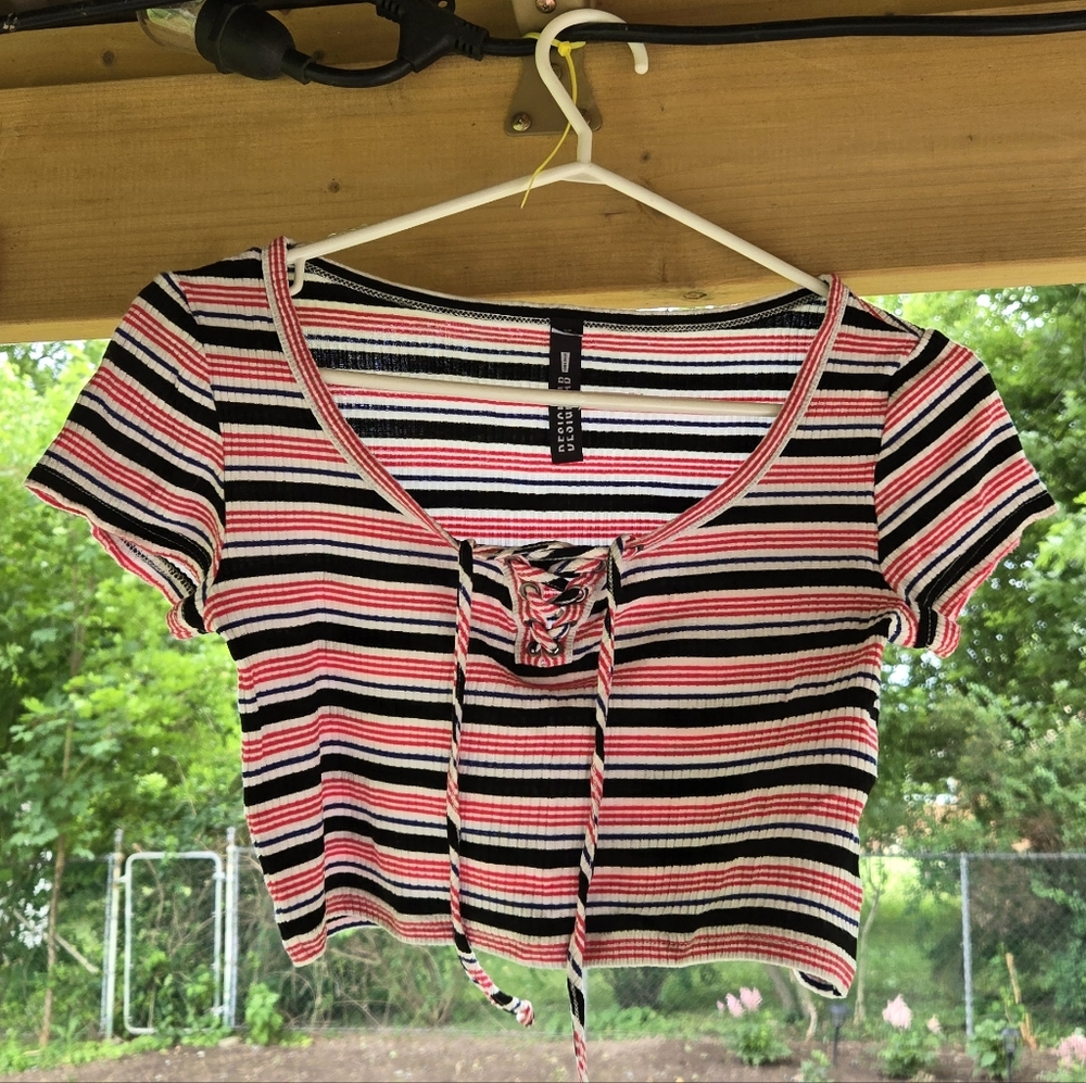 Design Lab Lord & Taylor Pink and Black Striped Crop Top